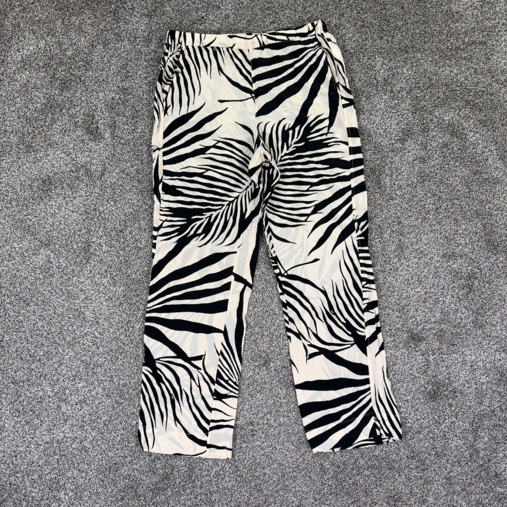 AYR Silk Blend Zebra Palm Leaf Print Womens Medium Pull On Pants Black White